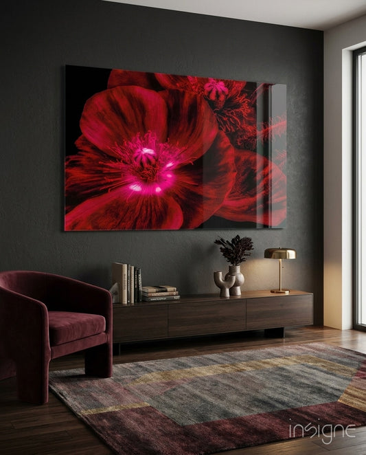 Malvales Flower glass wall art displayed above a walnut credenza in a moody charcoal-walled lounge with burgundy velvet armchair