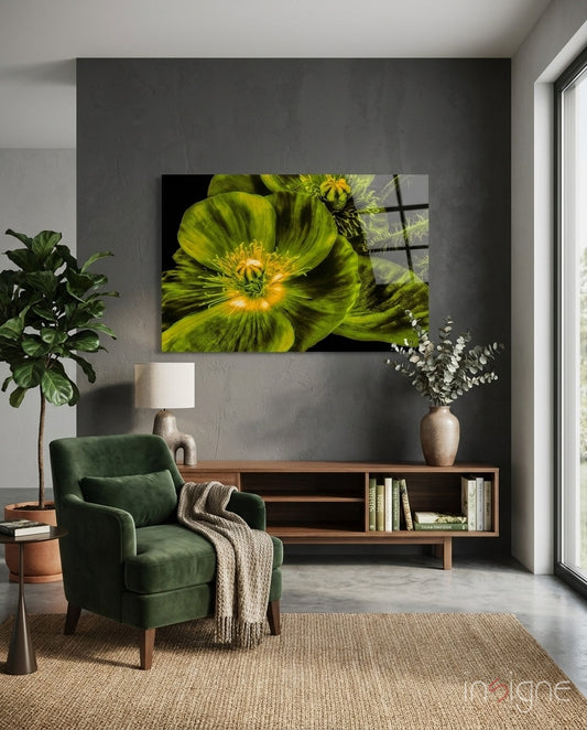 Malvales Flower glass wall art displayed above a walnut credenza in a soft charcoal-walled lounge with green velvet armchair and fiddle leaf fig