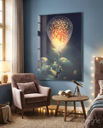Starry Dream glass wall art displayed beside a mauve velvet armchair in a navy-walled bedroom with telescope and fairy lights