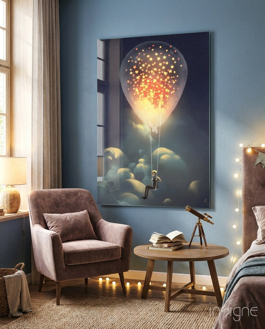 Starry Dream glass wall art displayed beside a mauve velvet armchair in a navy-walled bedroom with telescope and fairy lights