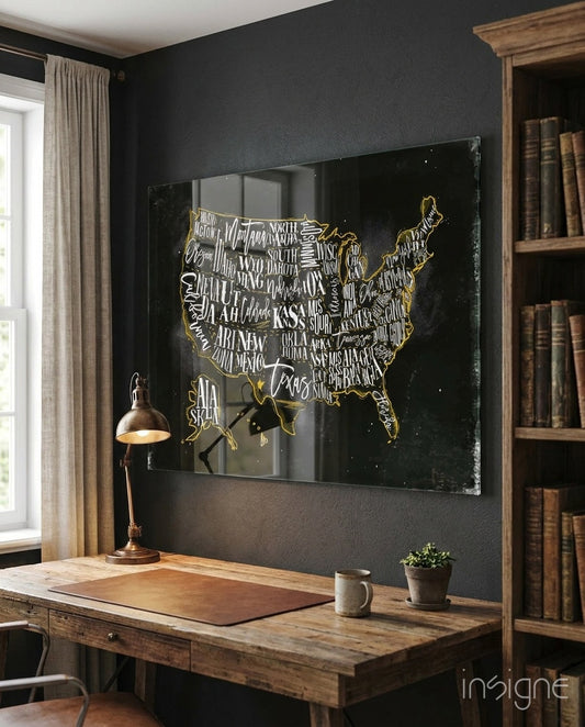 Map of USA glass wall art displayed above a rustic wood desk in a charcoal-walled study with brass lamp and antique books