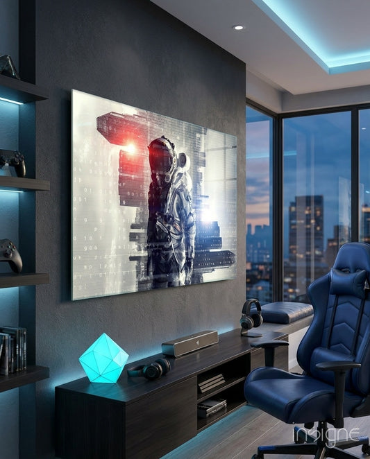 Digital Astronaut glass wall art displayed above a dark TV console in a contemporary gaming room with blue LED accents and cityscape view