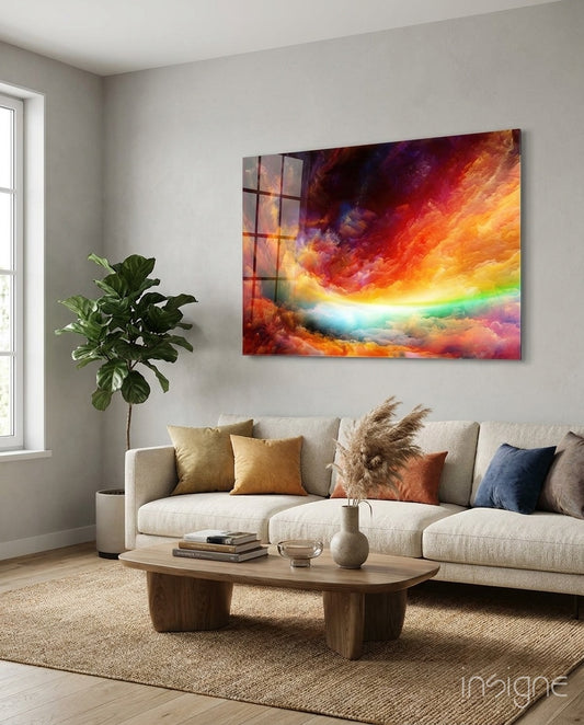 Abstract glass wall art displayed above a cream sofa in a soft white-walled living room with fiddle leaf fig and pampas vase