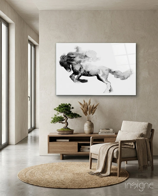 Horse glass wall art displayed above a wood console in a soft beige plaster-walled hallway with bonsai and pampas vase