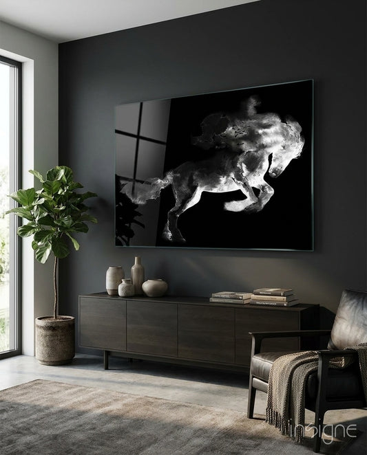 Horse glass wall art displayed above a dark wood credenza in a moody charcoal-walled lounge with leather armchair and fiddle leaf fig