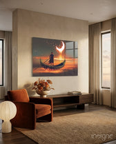 Red Moon glass wall art displayed above a walnut credenza in a soft sand-walled lounge with rust velvet armchair and dried florals