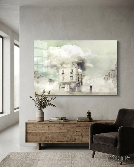 Fog glass wall art displayed above a reclaimed wood console in a soft white-plaster lounge with charcoal armchair and eucalyptus vase