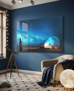 Starry Night glass wall art displayed above a navy-walled kids room with brass telescope and constellation throw