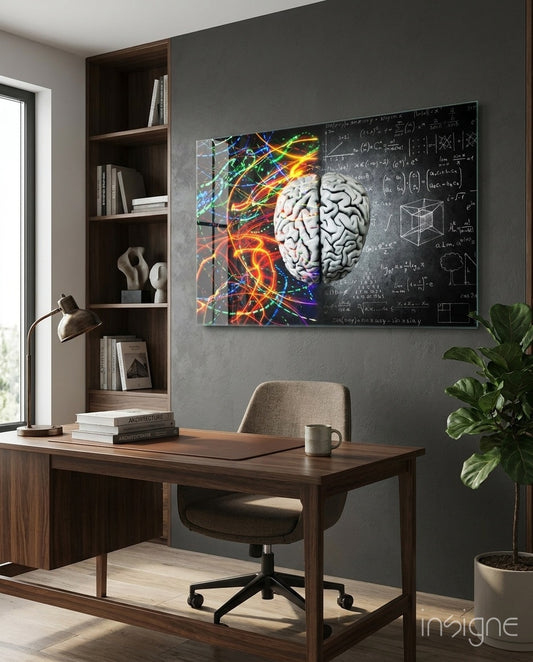 Brain glass wall art displayed above a walnut desk in a moody charcoal-walled office with leather chair and built-in bookshelf