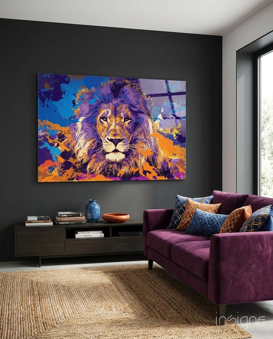 Lion glass wall art displayed above a dark wood credenza in a charcoal-walled lounge with plum velvet sofa and patterned pillows