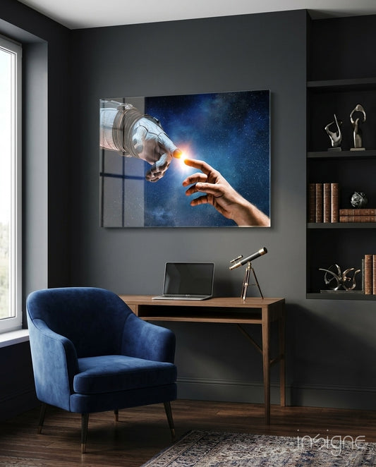 Creation glass wall art displayed above a walnut desk in a charcoal-walled office with navy velvet armchair and antique sculptures