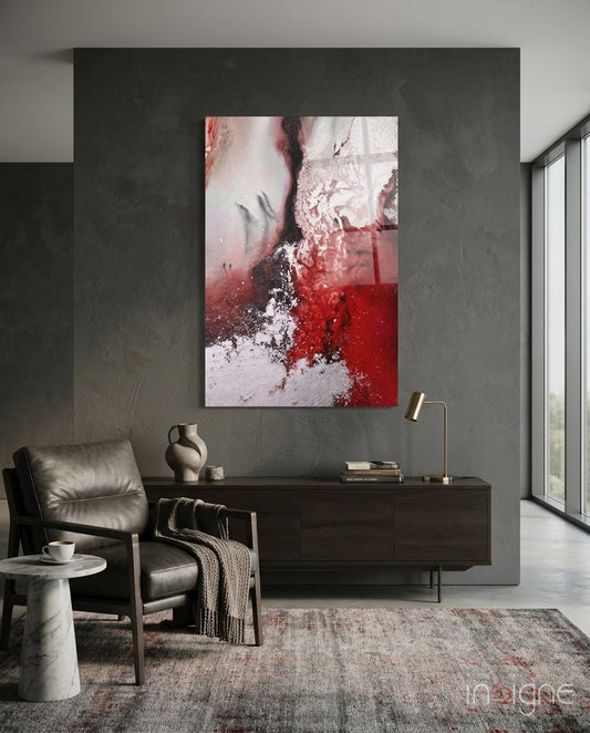 Colors of Abstraction glass wall art displayed above a walnut credenza in a moody charcoal-walled hallway with leather armchair and stoneware vase