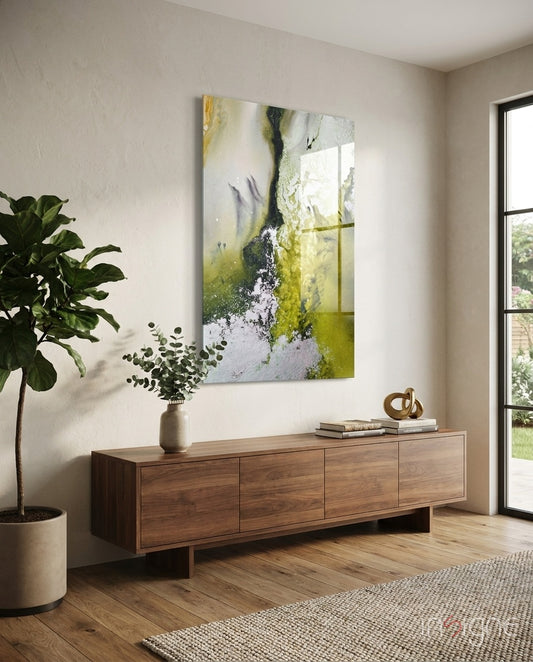 Colors of Abstraction glass wall art displayed above a walnut credenza in a soft white-plaster hallway with fiddle leaf fig and stoneware vase