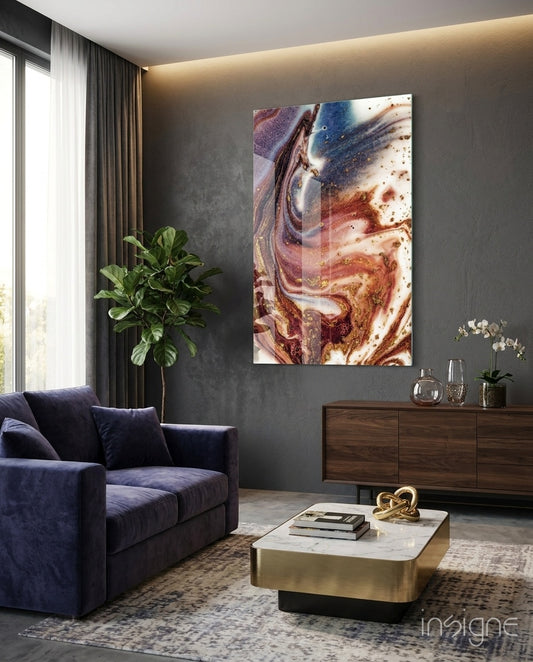 Marble glass wall art displayed beside a navy velvet sofa in a charcoal-walled lounge with marble-and-brass coffee table and fiddle leaf fig