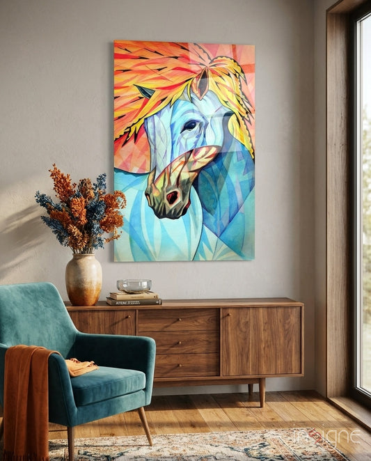 Horse glass wall art displayed above a walnut credenza in a soft taupe-walled lounge with teal velvet armchair and dried botanicals