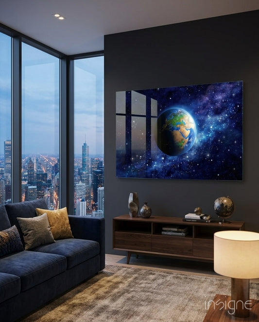 World glass wall art displayed above a walnut credenza in a charcoal-walled penthouse lounge with navy sectional and brass globe
