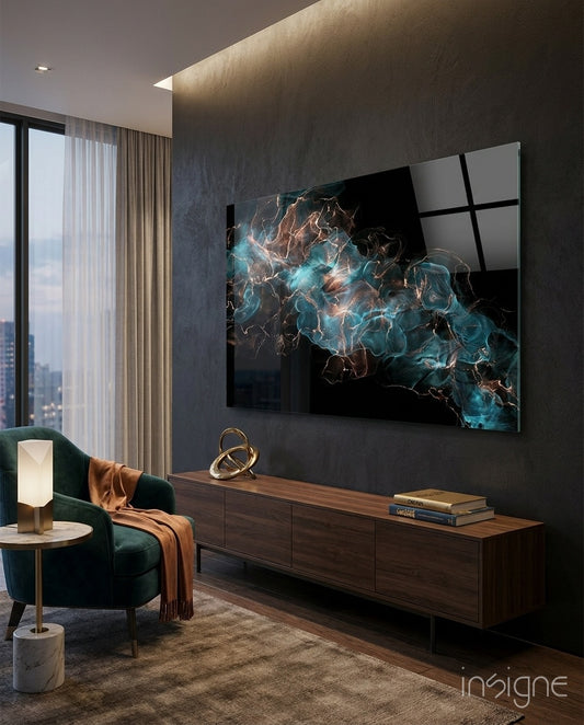 Energy glass wall art displayed above a walnut credenza in a moody charcoal-walled lounge with green velvet armchair and brass lamp