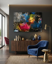 Energy glass wall art displayed above a walnut credenza in a moody charcoal-walled lounge with navy velvet armchair and brass lamp