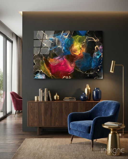 Energy glass wall art displayed above a walnut credenza in a moody charcoal-walled lounge with navy velvet armchair and brass lamp