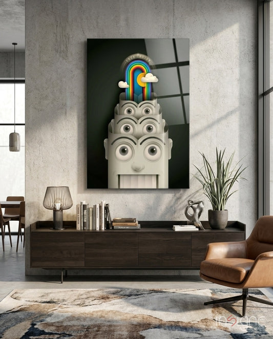 Rainbow Machine glass wall art displayed above a dark wood credenza in a concrete-walled lounge with cognac swivel chair and dining nook