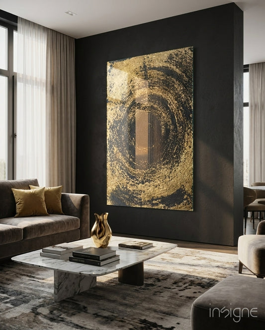 Abstract Loop glass wall art displayed above a brown velvet sofa in a moody charcoal-walled lounge with marble coffee table and gold sculptural objet