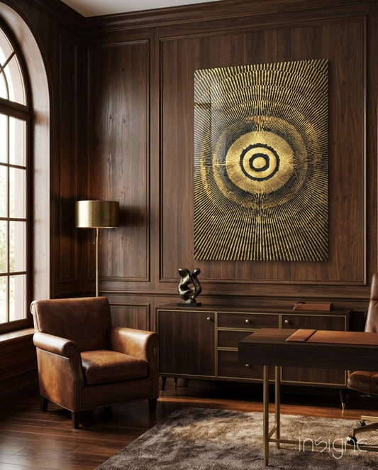 Abstract Loop glass wall art displayed above a walnut paneled wall in a wood-clad study with cognac armchair and brass floor lamp