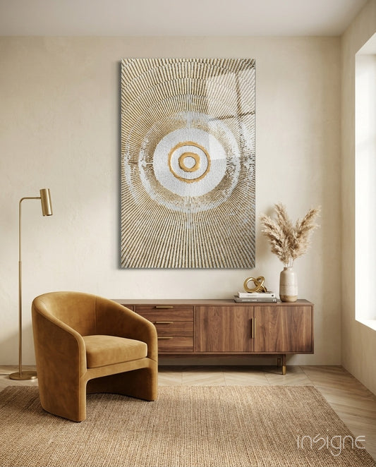 Abstract Loop glass wall art displayed above a walnut credenza in a soft cream-plaster hallway with cognac armchair and pampas vase
