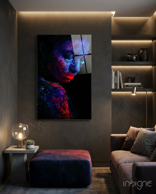 Serenity glass wall art displayed above a brown velvet sofa in a moody charcoal-walled study with built-in shelves and globe lamp