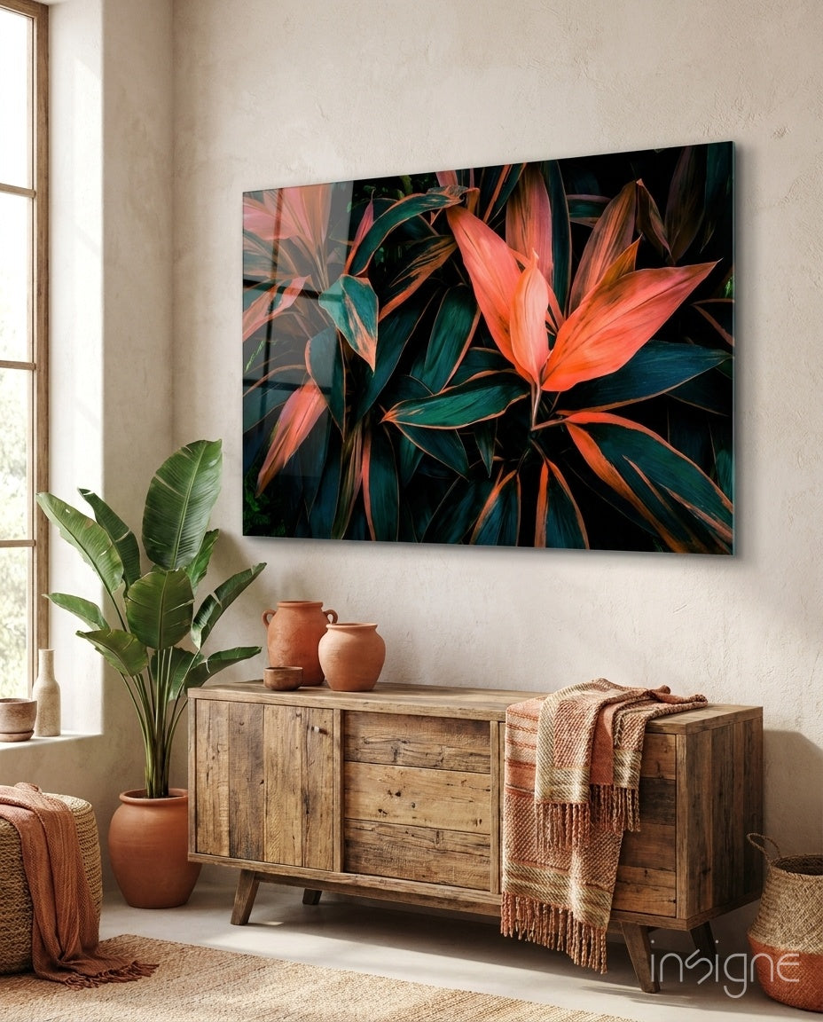 Flower glass wall art displayed above a reclaimed wood console in a soft sand-plaster lounge with terracotta pots and traveler palm