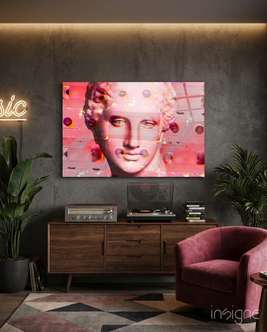 Sculpture glass wall art displayed above a wood vinyl-record console in a concrete-walled lounge with pink velvet swivel chair and traveler palm