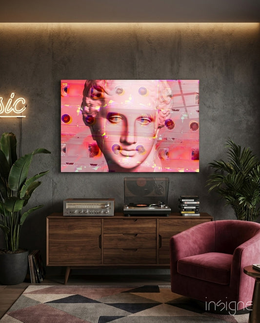 Sculpture glass wall art displayed above a wood vinyl-record console in a concrete-walled lounge with pink velvet swivel chair and traveler palm