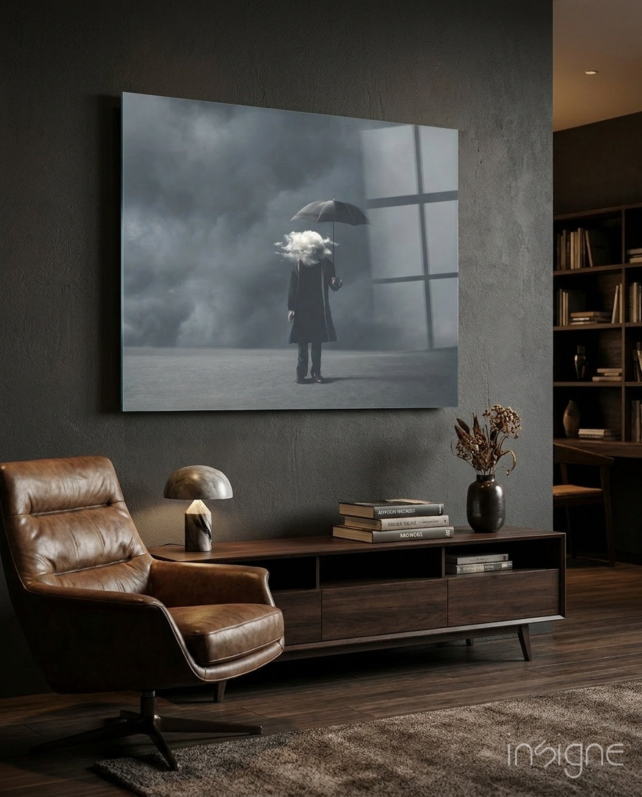 Storm in Thoughts glass wall art displayed above a walnut TV console in a moody charcoal-walled study with cognac swivel chair and bookcase
