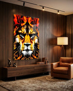 Lion glass wall art displayed above a wood credenza in a walnut-paneled lounge with cognac armchair and brass spotlights