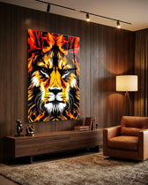 Lion glass wall art displayed above a wood credenza in a walnut-paneled lounge with cognac armchair and brass spotlights