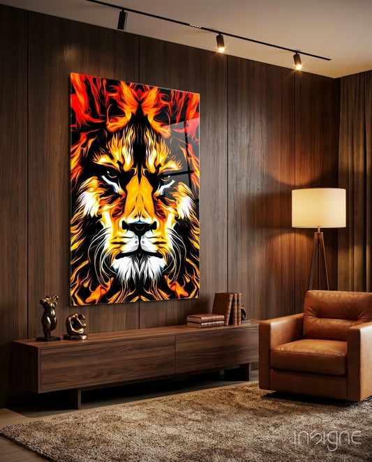 Lion glass wall art displayed above a wood credenza in a walnut-paneled lounge with cognac armchair and brass spotlights