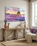 Tranquility glass wall art displayed above a reclaimed wood console in a soft cream-plaster lounge with lilac velvet pillow and lavender stems