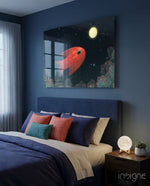 Fish glass wall art displayed above a navy upholstered bed in a deep blue-walled bedroom with coral velvet pillows and moon lamp