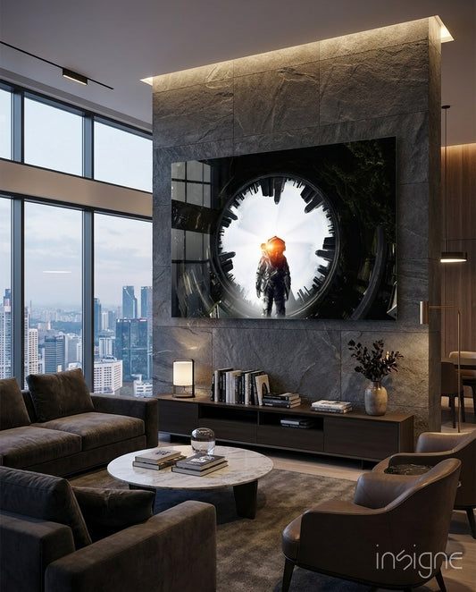 Astronaut glass wall art displayed above a stone-clad TV niche in a moody penthouse lounge with brown velvet sofa and city view