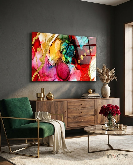 Colors glass wall art displayed above a walnut credenza in a moody charcoal-walled lounge with green velvet armchair and crimson rose bouquet