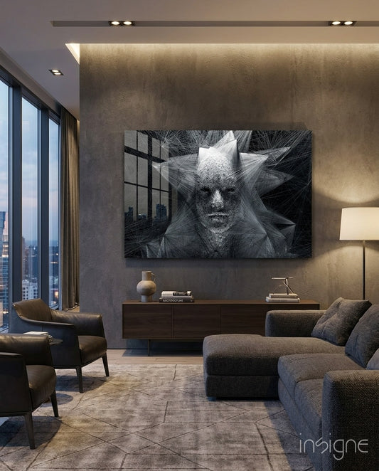 Self glass wall art displayed above a walnut credenza in a moody charcoal-walled lounge with charcoal sectional and leather lounge chair