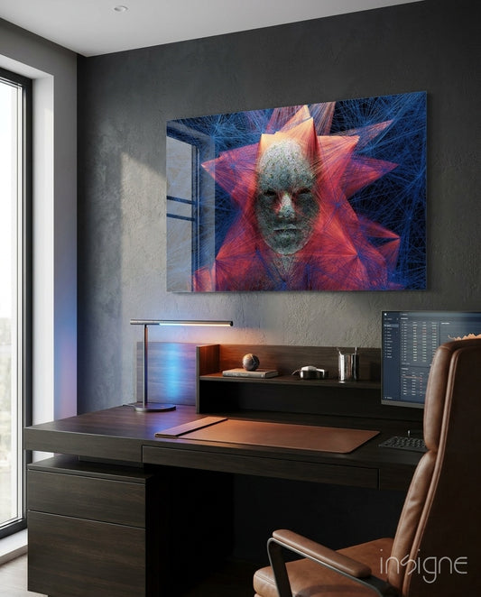 Self glass wall art displayed above a leather desk in a moody charcoal-walled office with cognac chair and ambient blue accent light