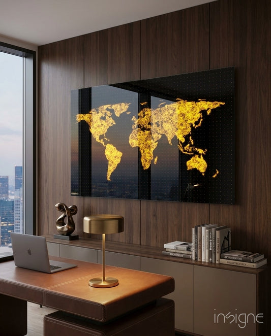 World Map glass wall art displayed above a wood-paneled desk in a walnut-clad office with brass dome lamp and laptop
