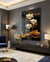 Flowers glass wall art displayed above a dark wood credenza in a charcoal-walled lounge with navy velvet armchair and marble floor lamp