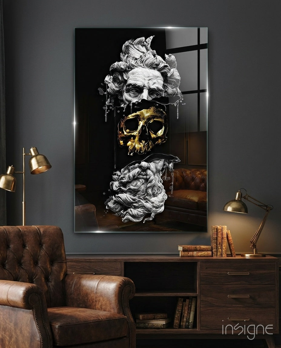 Poseidon glass wall art displayed above a walnut credenza in a moody charcoal-walled lounge with cognac Chesterfield and brass desk lamps