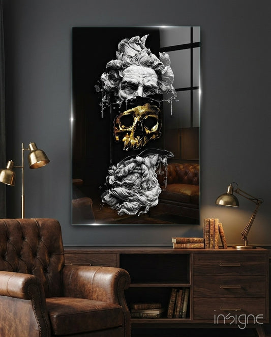 Poseidon glass wall art displayed above a walnut credenza in a moody charcoal-walled lounge with cognac Chesterfield and brass desk lamps