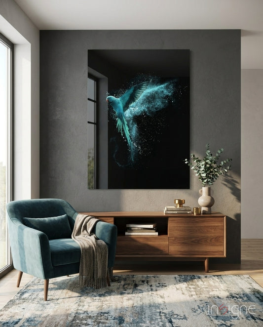 Luminious Parrot glass wall art displayed above a walnut credenza in a moody concrete-walled lounge with teal velvet armchair and eucalyptus stems