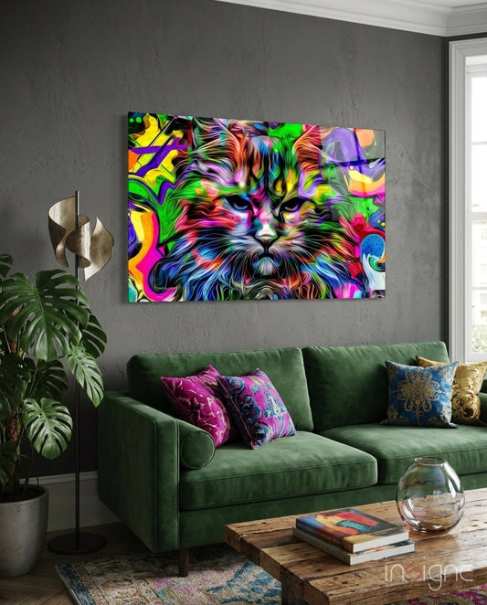 Cat glass wall art displayed above a green velvet sofa in a charcoal-walled lounge with patterned pillows and reclaimed wood coffee table