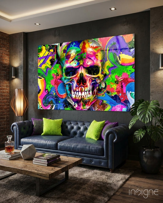 Skull glass wall art displayed above a navy Chesterfield in a brick-walled industrial lounge with reclaimed wood coffee table and lime velvet pillows