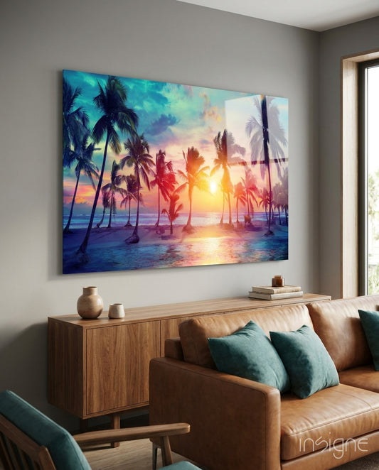 Sunset and Palms Glass Art - Lifestyle preview in a designer interior