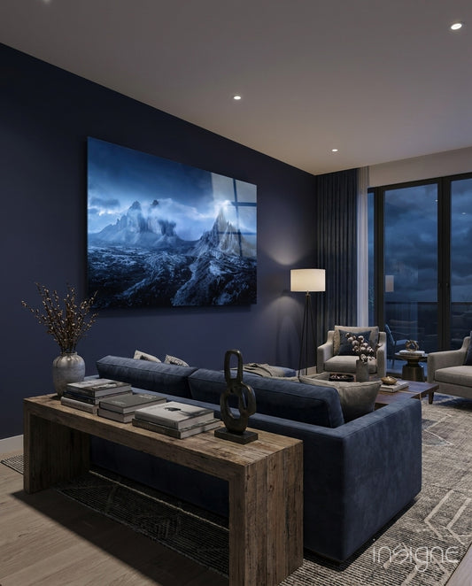 Imposing Mountains Glass Art - Lifestyle preview in a designer interior
